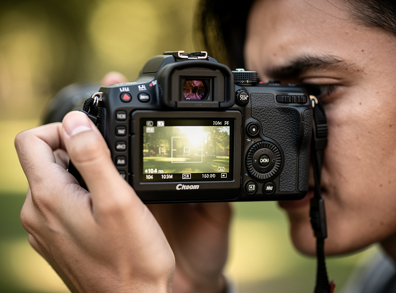 Person holding a mirrorless camera with an electronic viewfinder showing real-time exposure preview