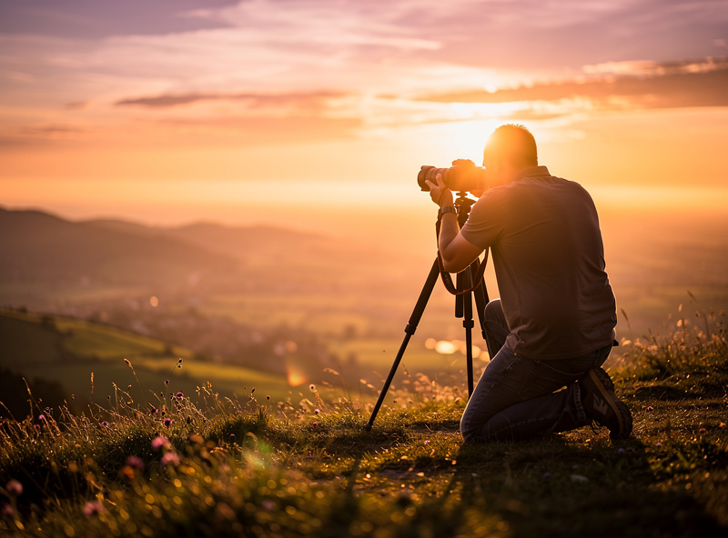 Photographer shooting outdoors with a mirrorless camera on a tripod during golden hour