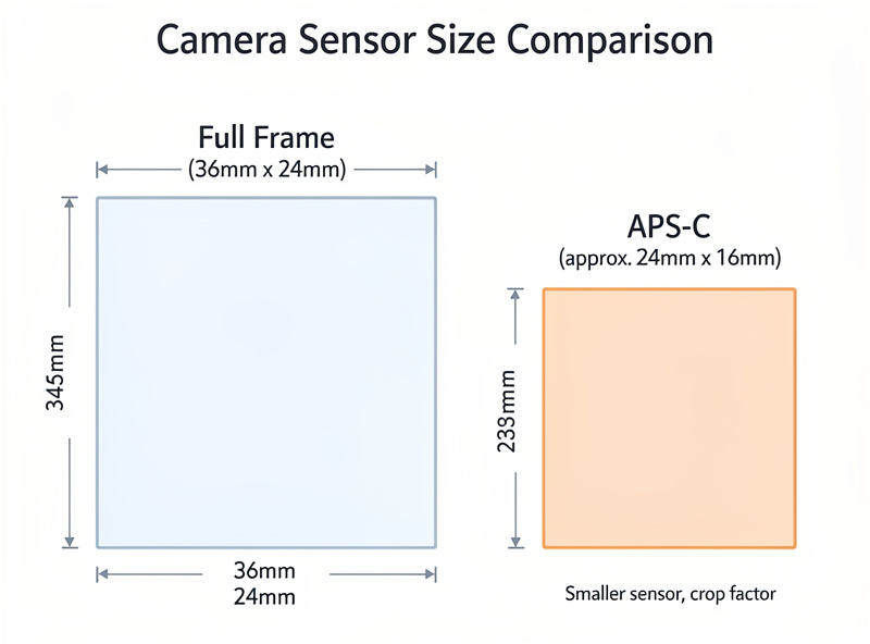 Visual comparison of full frame and APS-C sensor sizes shown side by side with a ruler for scale reference