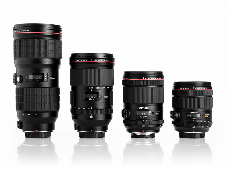 Three full frame lenses and three APS-C lenses arranged by size showing the significant difference in physical dimensions and weight