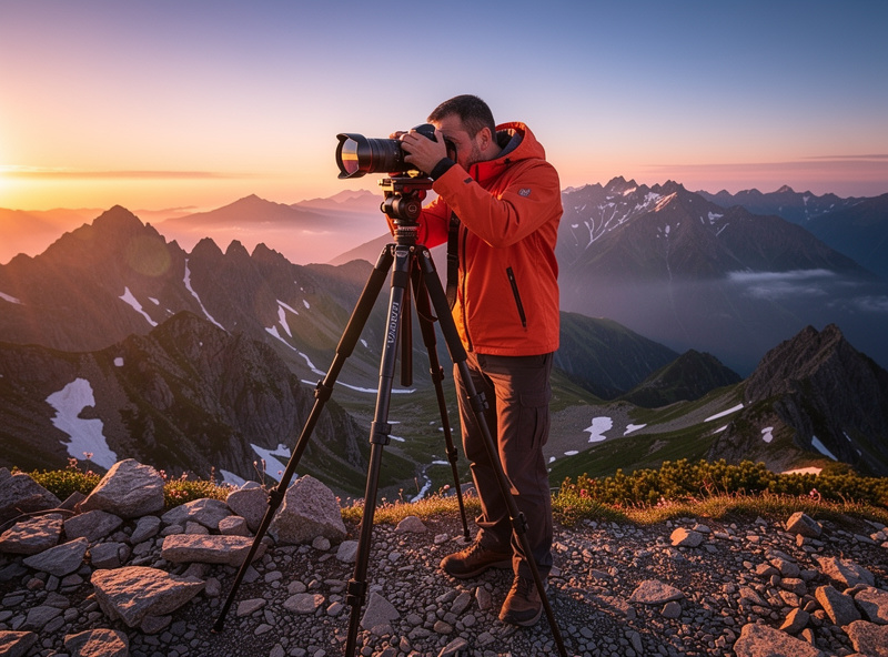 Landscape photographer with tripod at sunrise