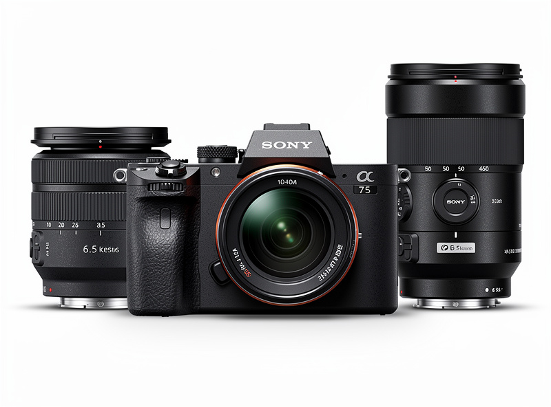 Sony E-mount camera with three native lenses arranged beside it showing the variety of available focal lengths in the ecosystem