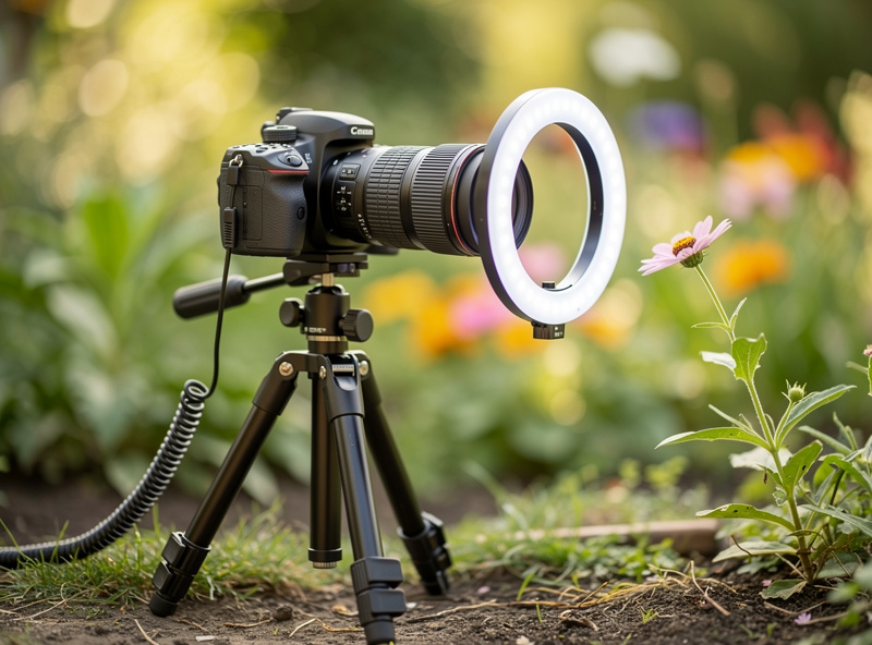 Macro photography setup showing a camera on a tripod with a macro lens pointed at a small flower, with a ring light attached to the lens for even illumination
