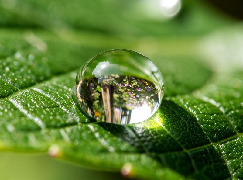 Water droplet on a green leaf surface reflecting the surrounding environment, captured with a macro lens at close focus distance