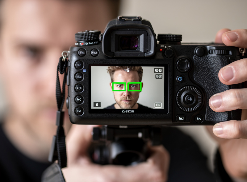 Photographer using eye-tracking autofocus on a mirrorless camera with focus boxes displayed around a subject's eyes in the electronic viewfinder