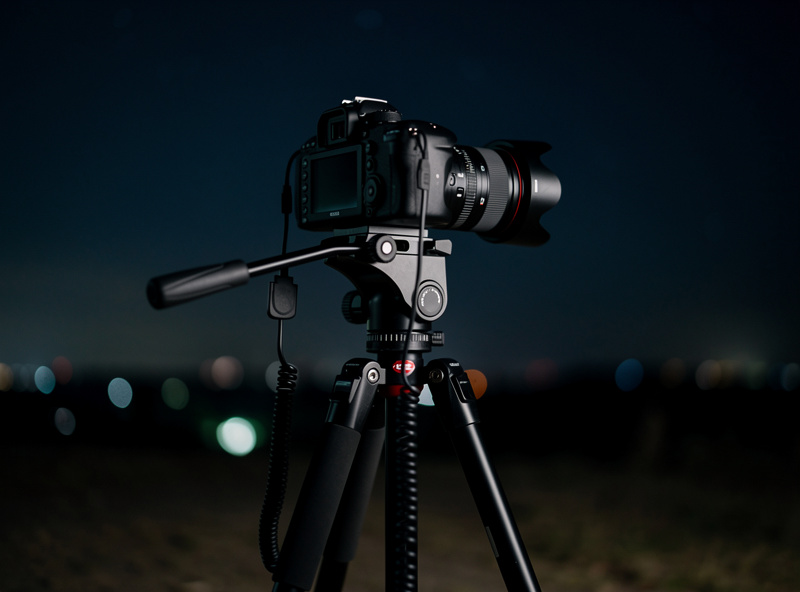 Camera on tripod during night exposure