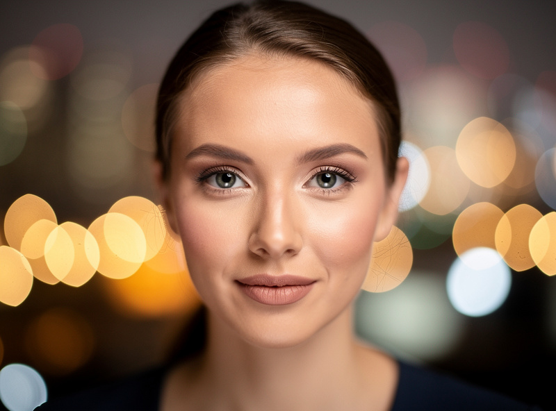 Portrait photograph taken with an 85mm lens at f/1.8 showing a person with beautifully blurred background bokeh circles from distant lights