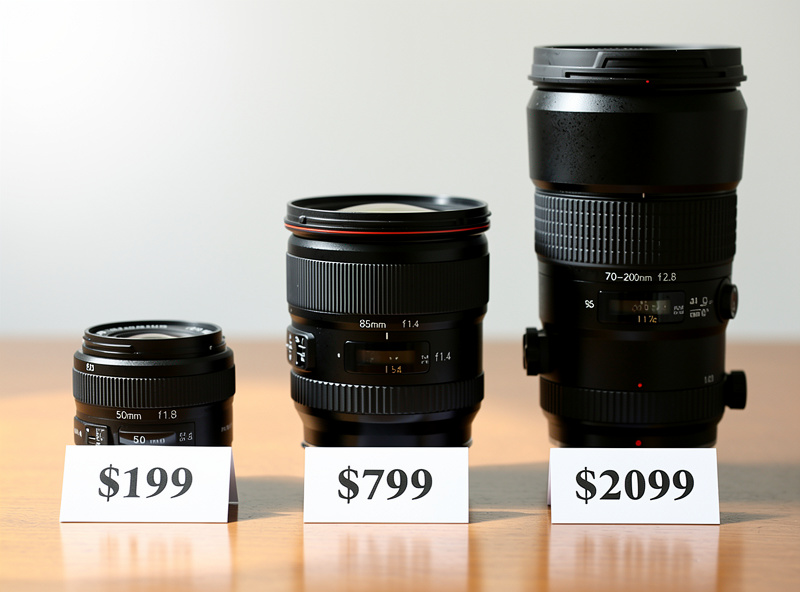 Three portrait lenses of different sizes arranged from smallest 50mm f/1.8 to largest 70-200mm f/2.8 showing the size progression with price tags