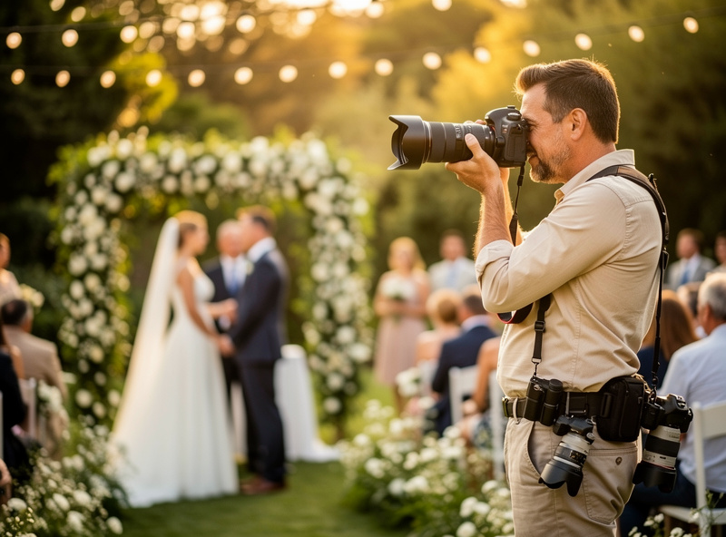 Photographer using a zoom lens to capture a wedding ceremony moment, showing the practical versatility of zoom lenses in fast-paced event photography