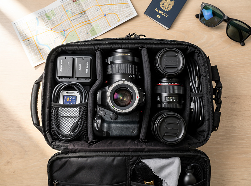 Camera bag packed for trip