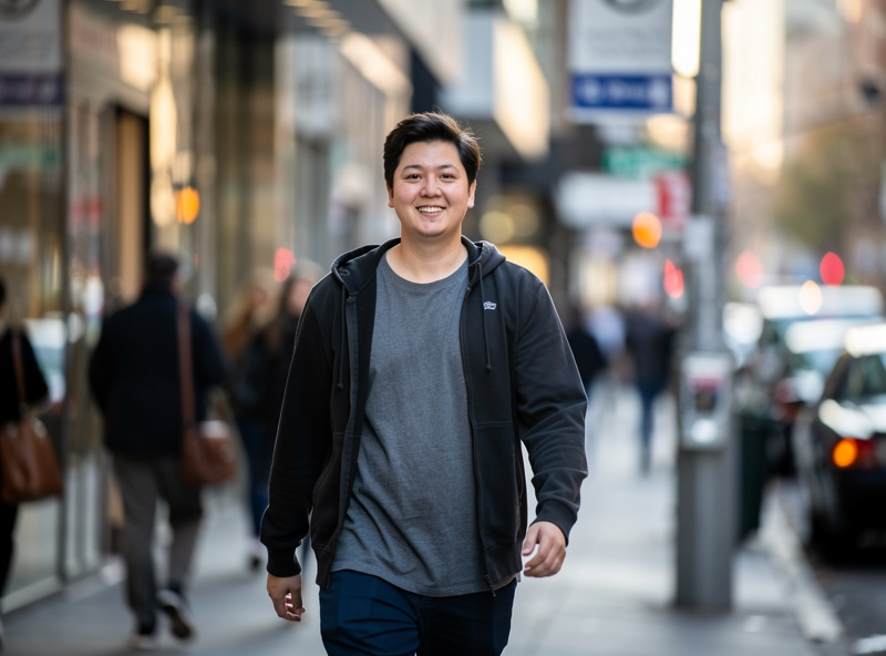 Street photograph taken with a 50mm standard lens showing natural perspective with a person walking through an urban environment