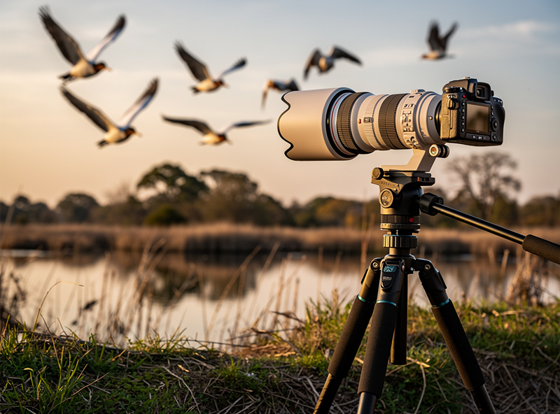 Telephoto lens photographing birds in flight