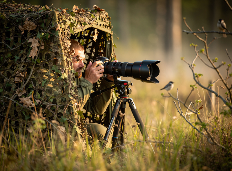 Wildlife photographer in camouflage hide