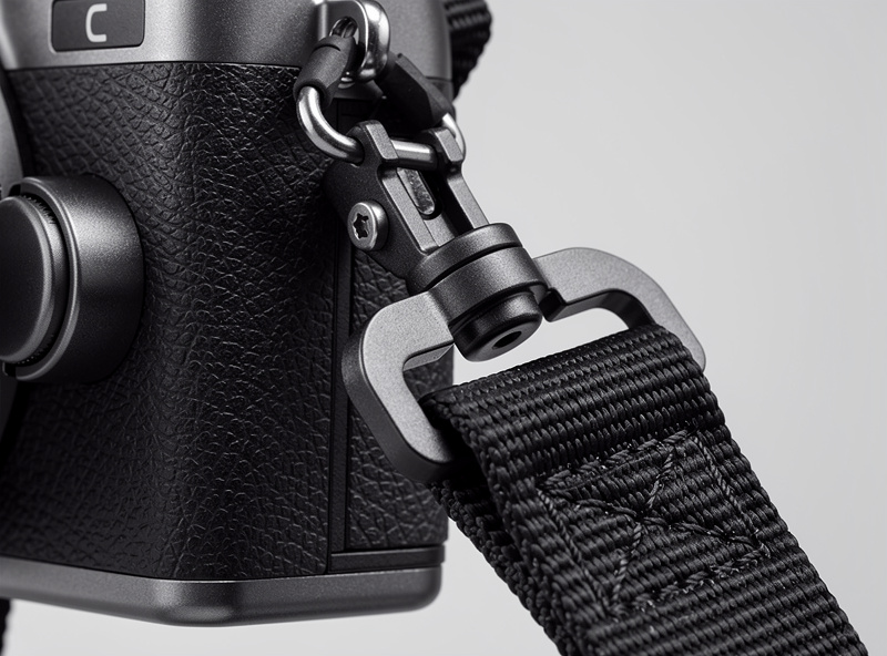 Close-up of camera sling strap attachment with quick-release clip and anchor system