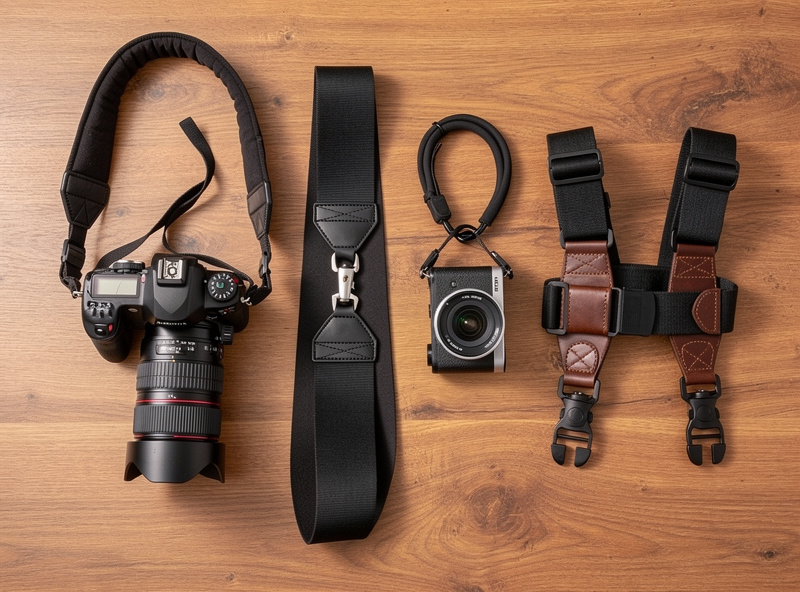 Side-by-side comparison of four camera strap types — neck, sling, wrist, and dual harness