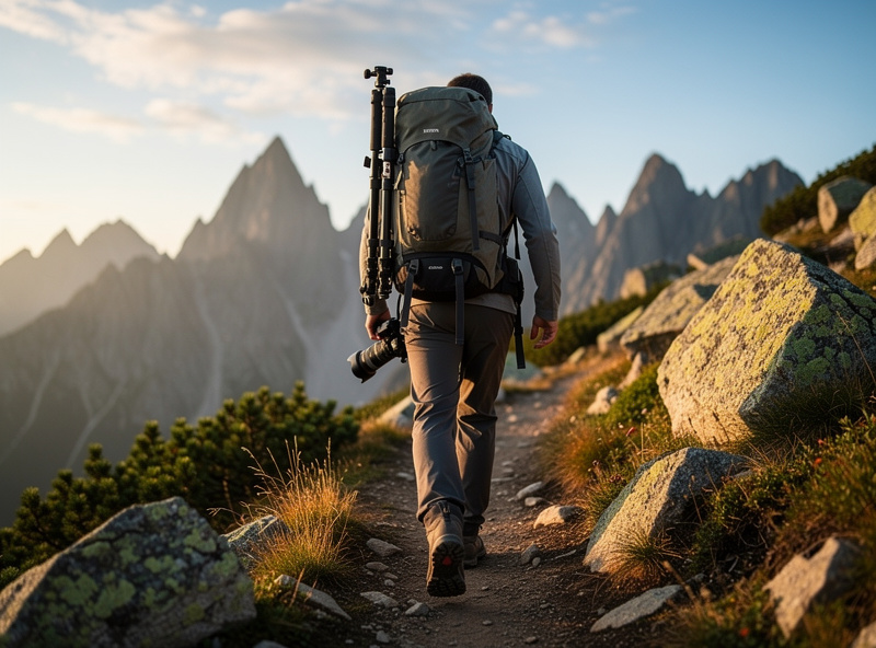 Photographer hiking mountain trail with camera on sling strap at hip and tripod on backpack