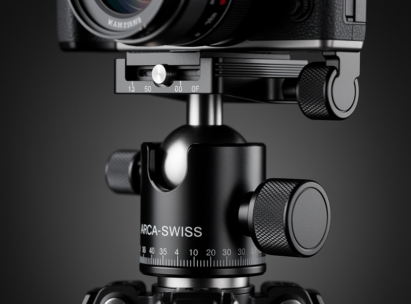 Close-up of ball head tripod with Arca-Swiss quick release plate and mirrorless camera mounted