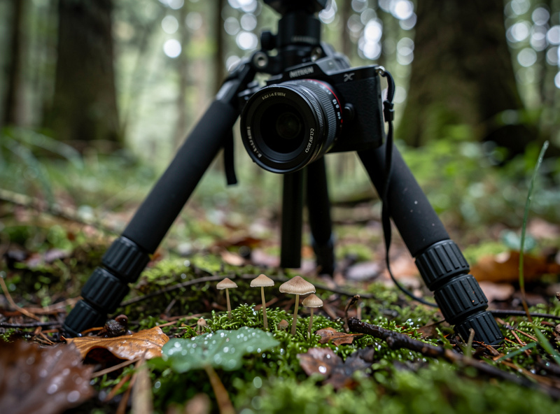 Tripod with mirrorless camera at low angle for macro photography on forest floor