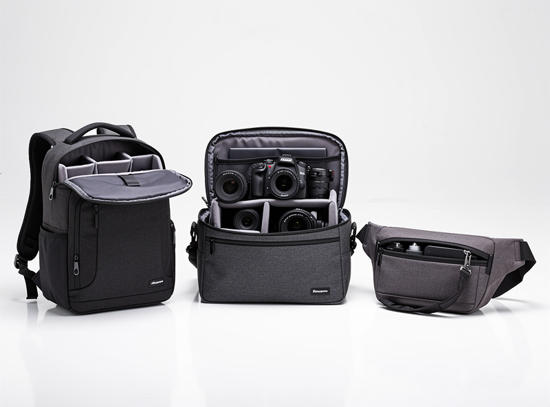 Comparison of three camera bag types — backpack, shoulder bag, and sling bag side by side