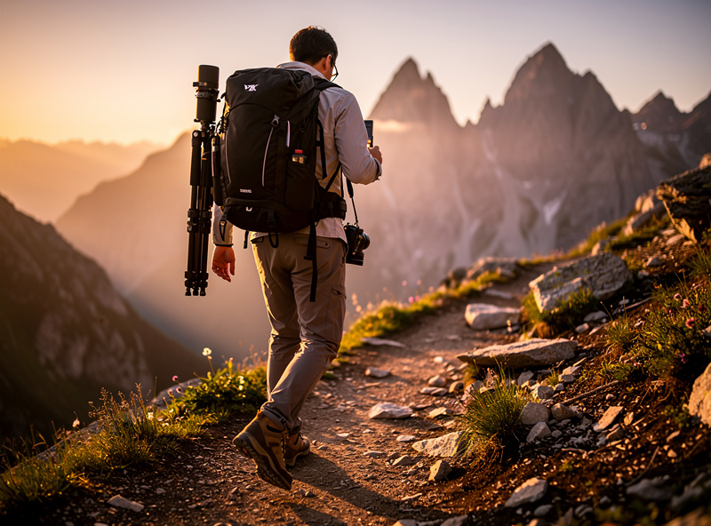 Photographer hiking on mountain trail wearing a camera backpack with tripod attached