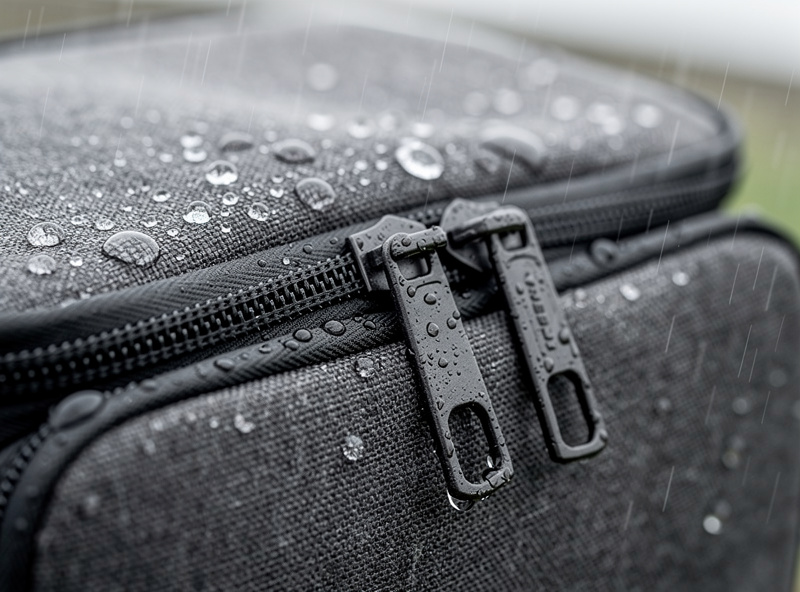Camera shoulder bag with weather-resistant fabric in light rain, water droplets beading on surface