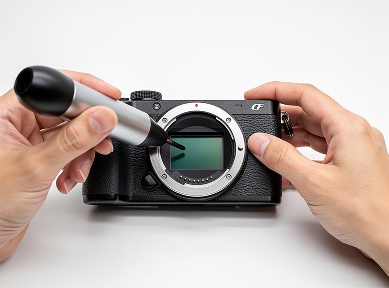 Hands holding rocket blower cleaning camera sensor with lens removed