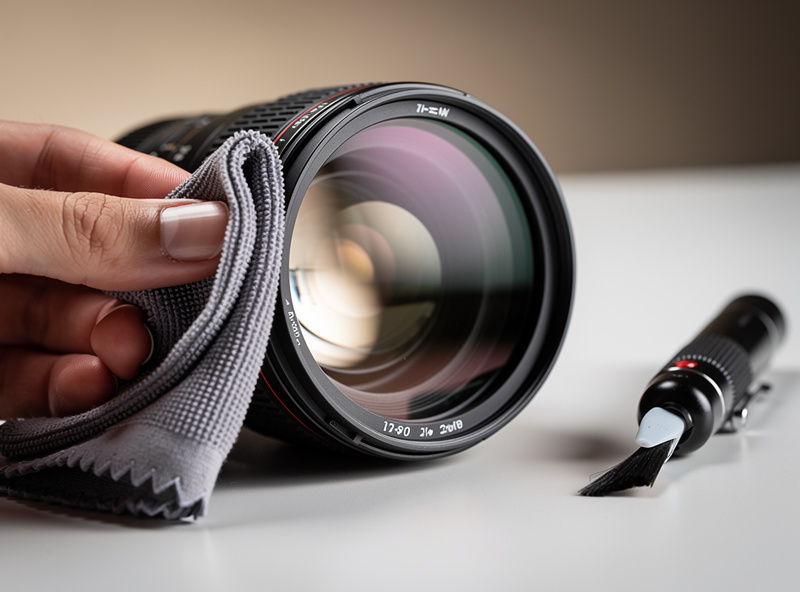 Lens with UV filter being cleaned with microfiber cloth and lens pen