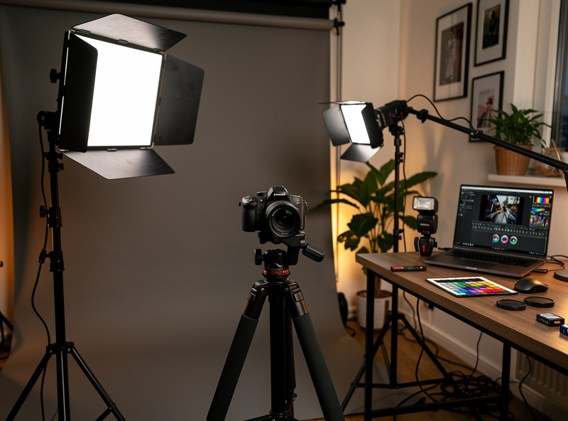 Hybrid lighting setup with LED panel and speedlight used together for photo and video work