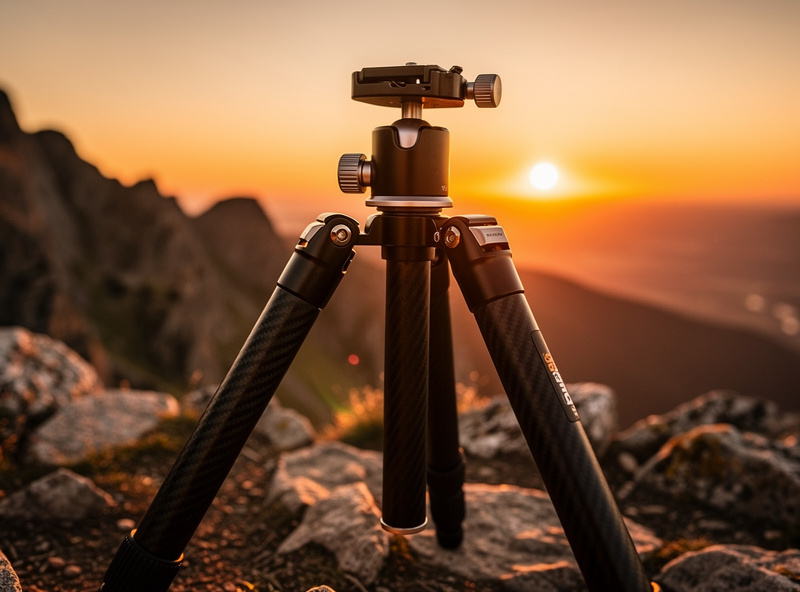 Carbon fiber tripod with ball head on rocky landscape overlook during golden hour