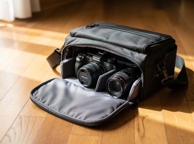 Open camera shoulder bag with mirrorless body and two prime lenses visible