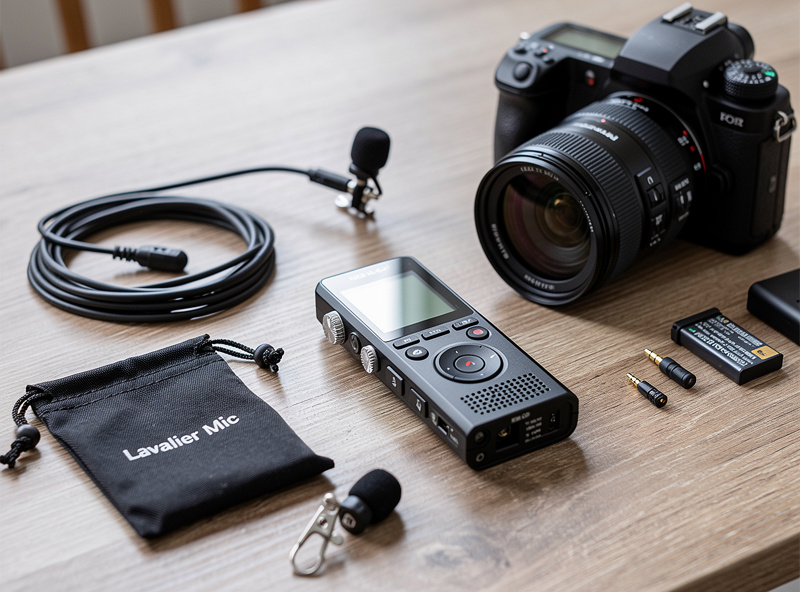 Portable audio recorder and lavalier microphone kit next to camera