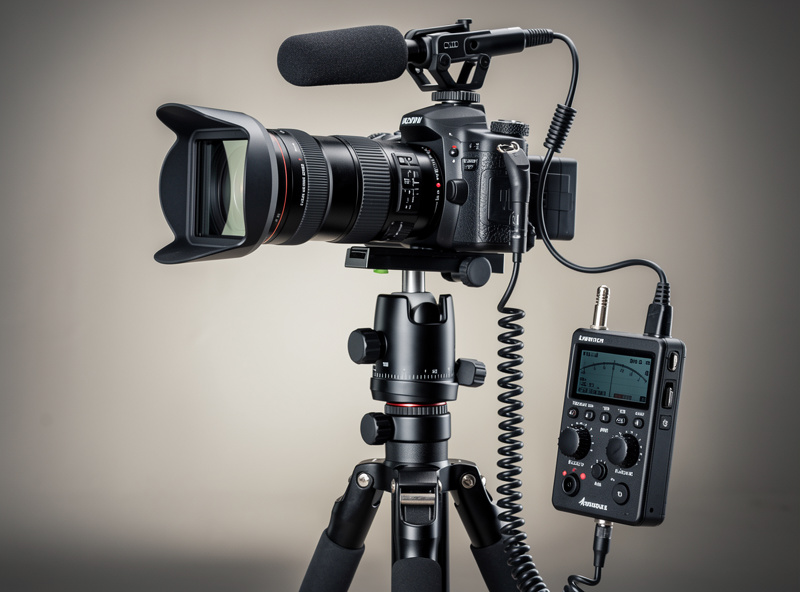 DSLR camera on tripod with external microphone and audio recorder for video