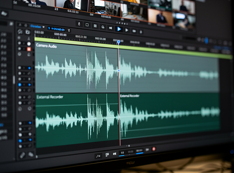 Video editing timeline showing audio waveform sync between camera and recorder