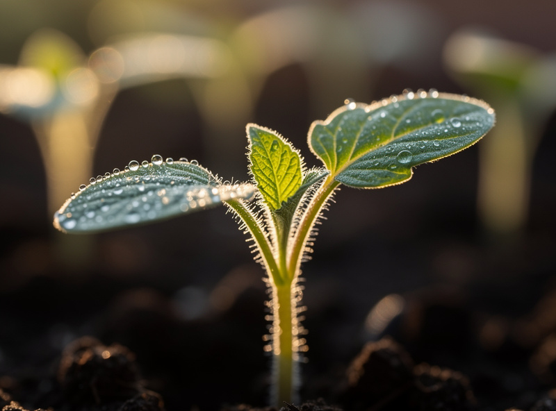 Macro close-up of a tomato seedling with morning dew on the leaves