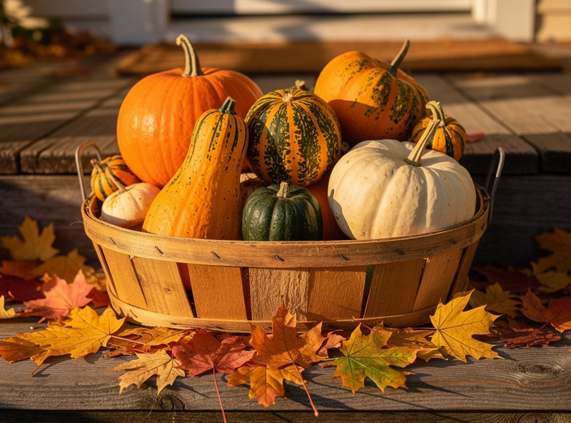 Autumn squash harvest in a wooden basket on a porch step with autumn leaves