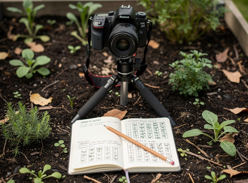 Camera and tripod in a garden bed with notebook showing handwritten variety notes