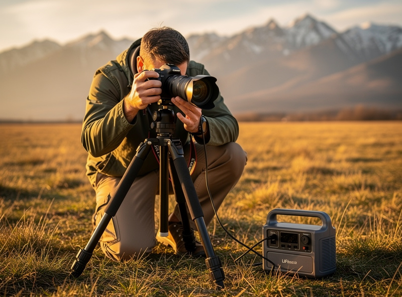 Photographer in a field setup with a tripod-mounted mirrorless camera, a small LiFePO4 power station beside the tripod with a USB-C cable running to the camera body, mountains in the background, golden hour