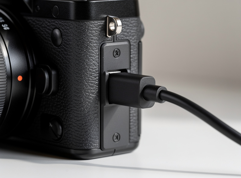 Close-up of a 90-degree USB-C connector plugged into the side port of a mirrorless camera body, with the cable routed parallel to the camera body to a power bank in a photographer's bag
