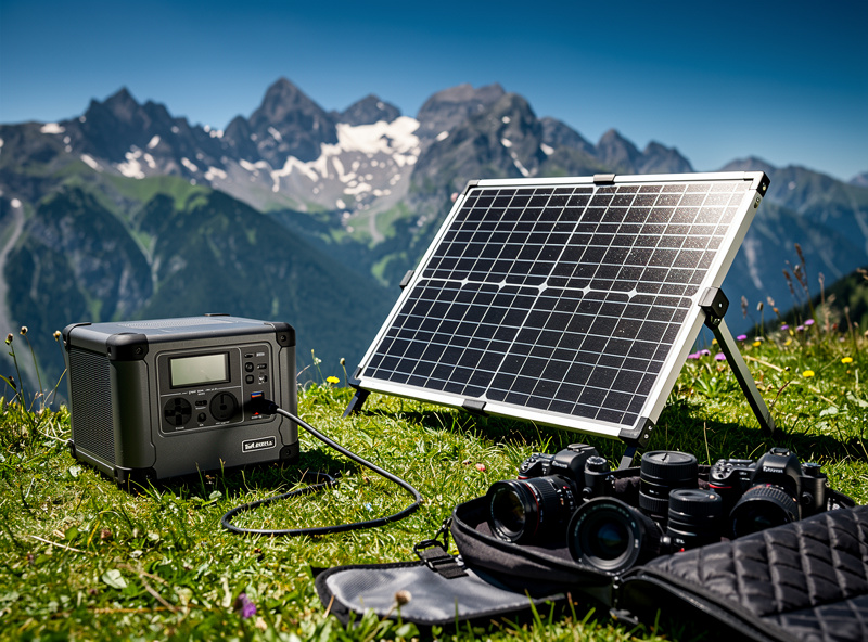 Folding 100W solar panel deployed in a sunny mountain meadow, cable running to a small LiFePO4 power station beside a photographer's pack with camera bodies and lenses visible