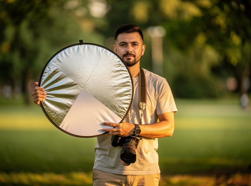 Photographer using a 5-in-1 reflector as fill light during an outdoor portrait session