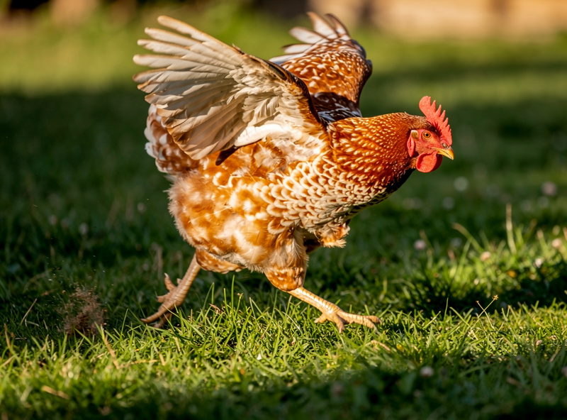 Mid-shot photograph of a chicken running across green grass yard with motion frozen showing wing detail in soft afternoon light