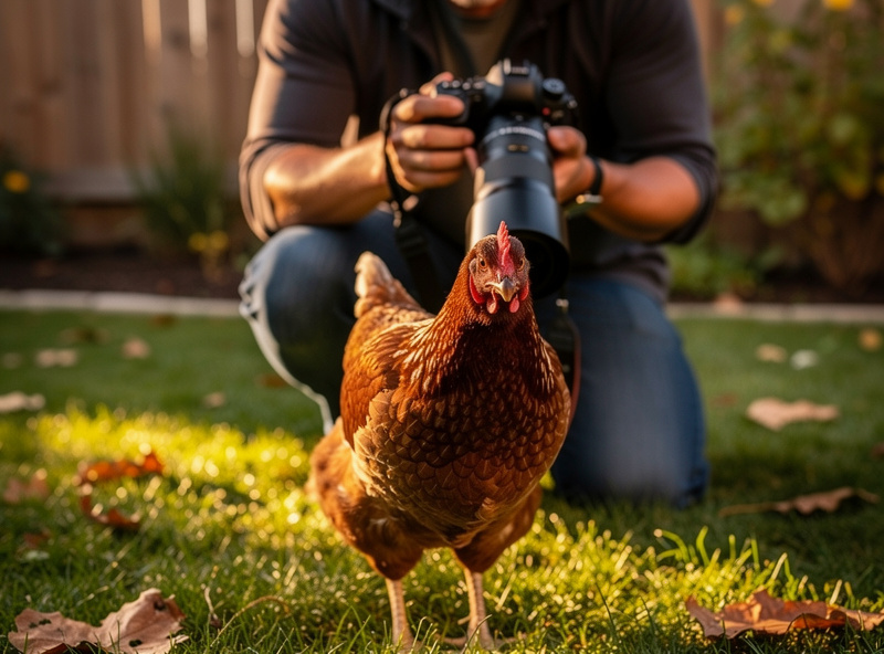 Photographer kneeling at chicken eye level in backyard with mirrorless camera and telephoto lens pointed at curious hen approaching camera