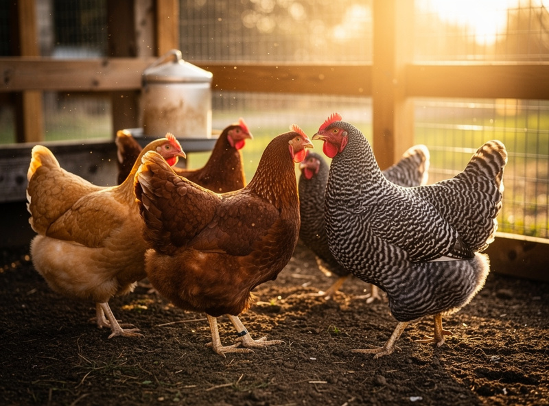 Group photograph showing flock of chickens different breeds Buff Orpington Rhode Island Red Barred Rock together in coop run with golden afternoon light