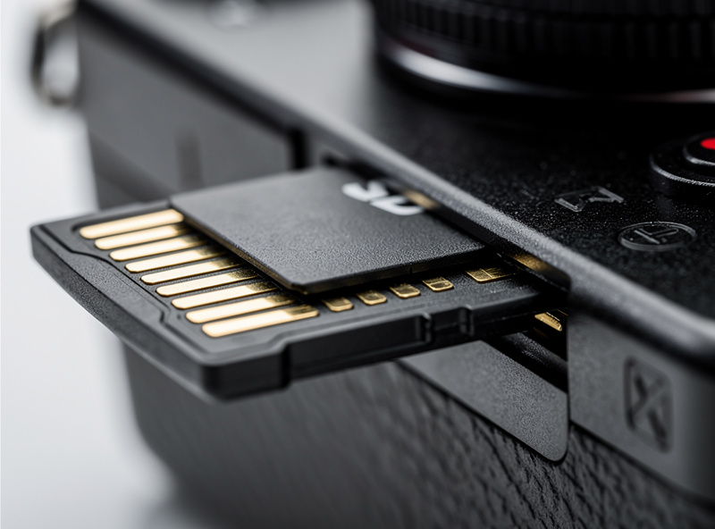 Close-up of SD memory card being inserted into mirrorless camera card slot