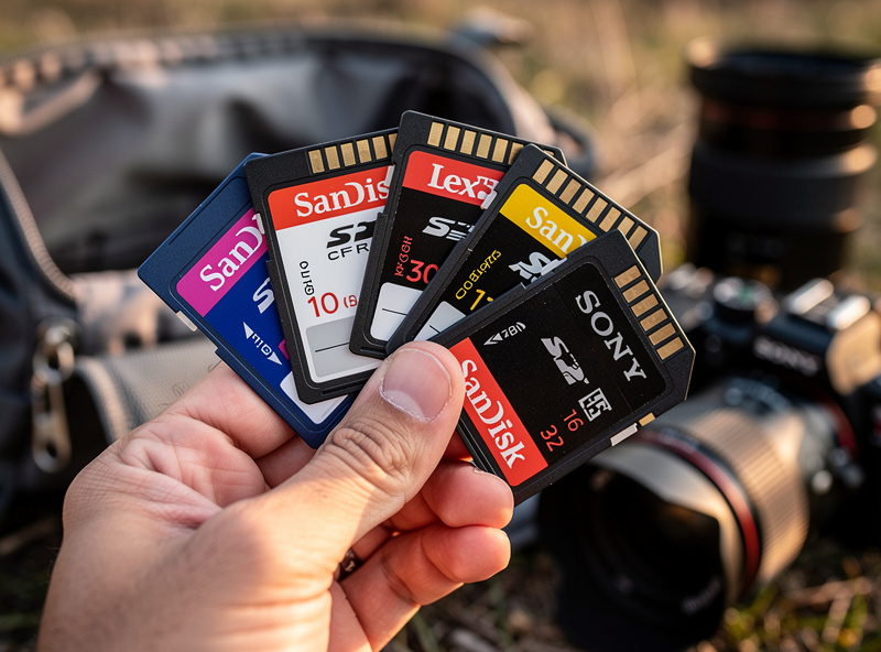 Multiple memory cards fanned out in hand — SanDisk, Lexar, Sony brands visible