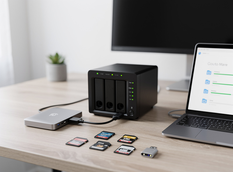 External hard drive and NAS backup setup on desk with camera memory cards