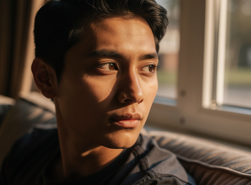 Portrait lit by soft window light at 45 degree angle with Rembrandt pattern