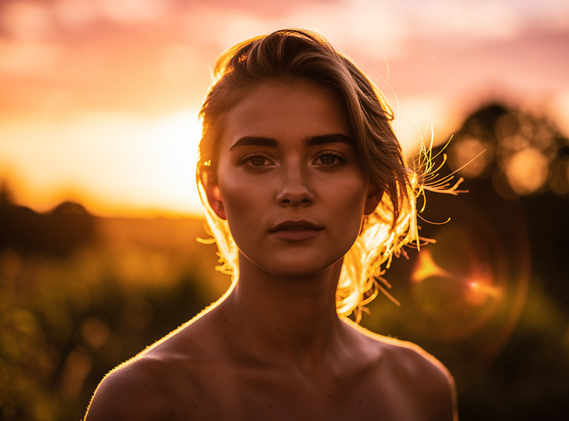 Golden hour back-lit portrait with rim light around hair and shoulders