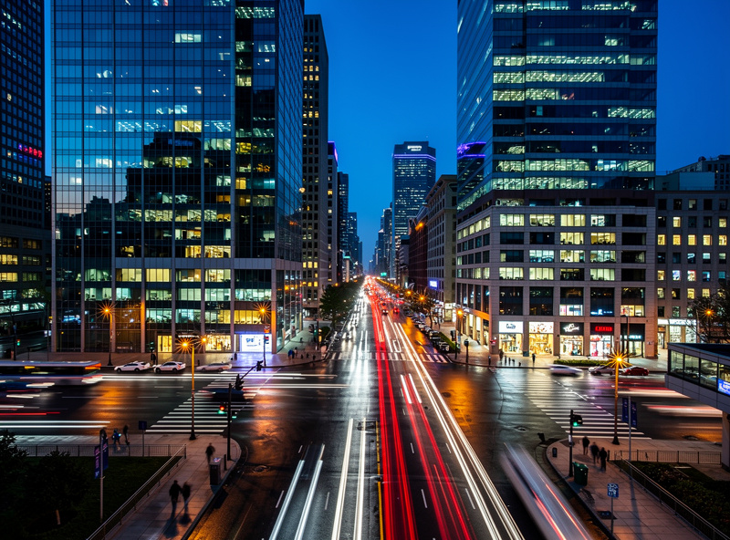 Blue hour cityscape with cool ambient light balanced against warm artificial lights