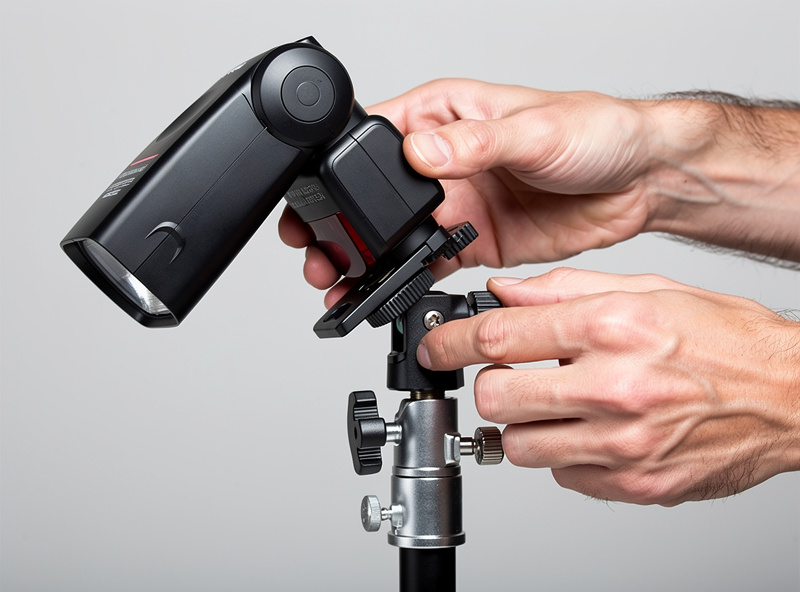 Off-camera flash positioned at 45 degrees with shoot-through umbrella on light stand for portrait lighting